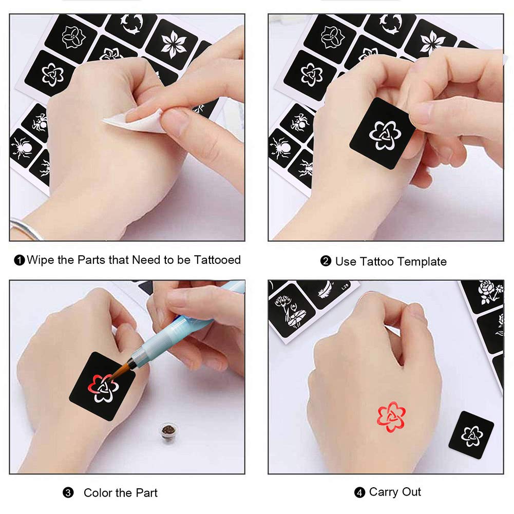 524PCS Henna Tattoo Stencil Kit with Pen – Reusable Mehndi Templates, Temporary Tattoo Kit for Women, Girls & Kids, DIY Body Art for Weddings, Festivals & Parties