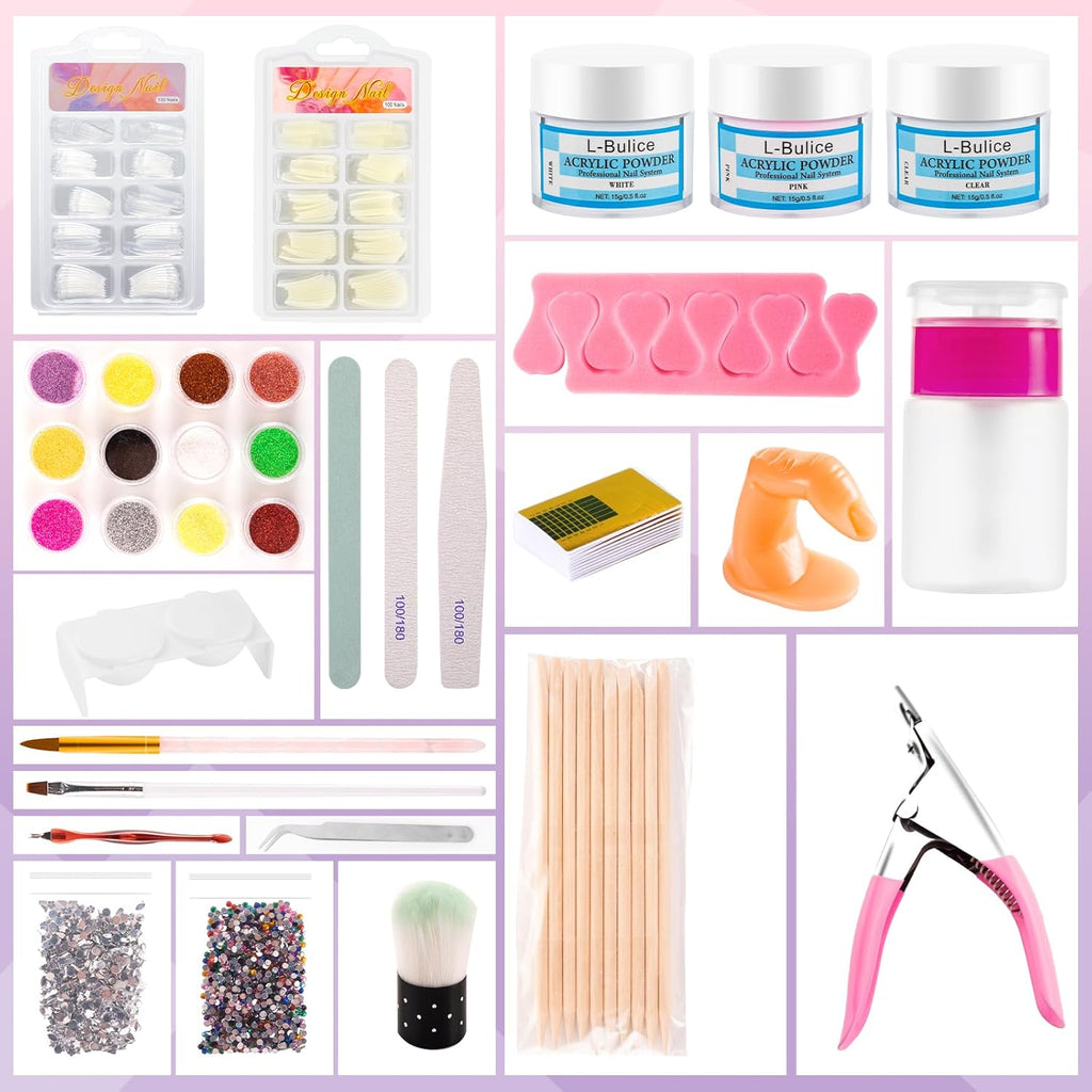 Professional Acrylic Nail Kit for Beginners with Everything – Complete DIY Nail Art Set with Glitter Powder, Nail Tips, Brushes, Clippers & File
