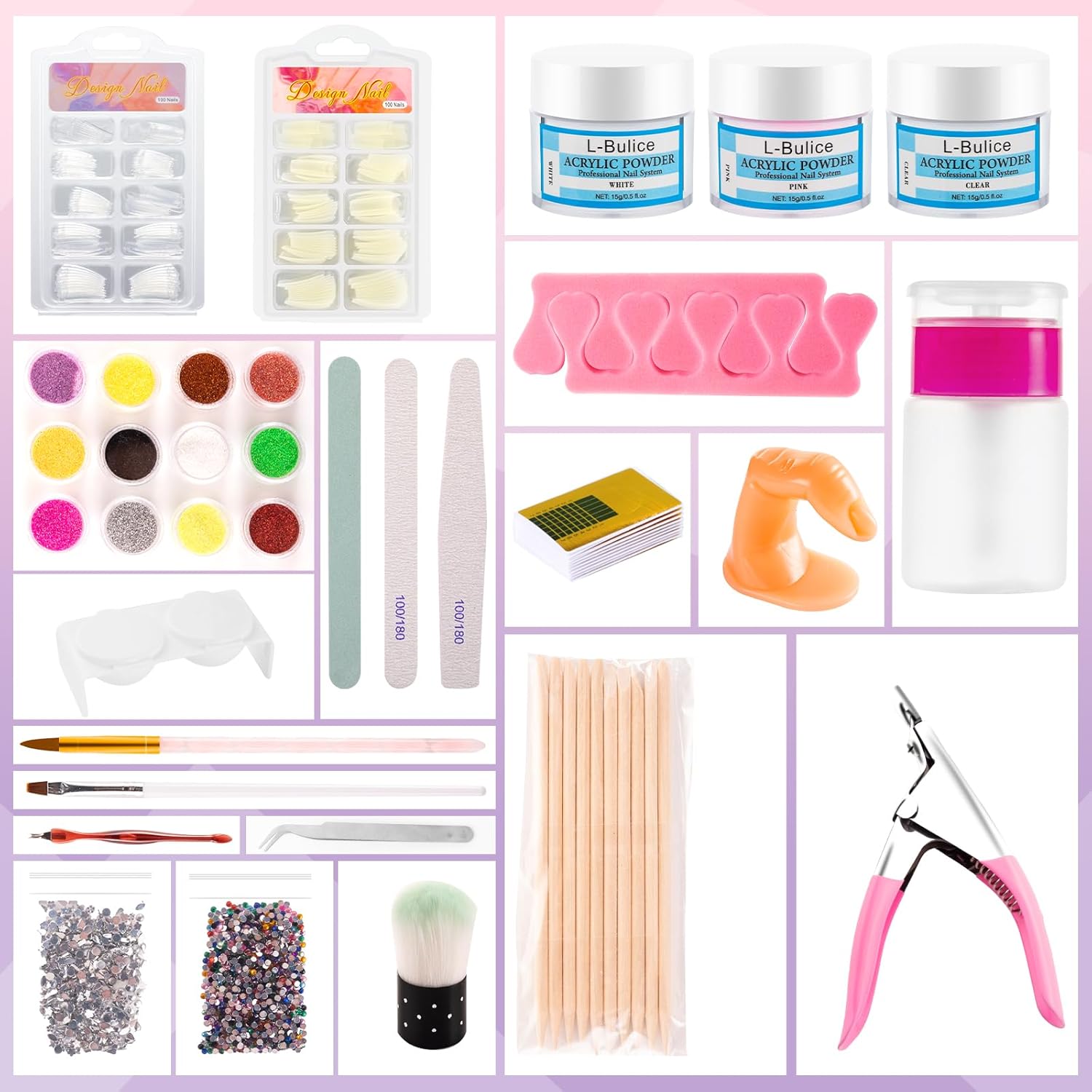 Professional Acrylic Nail Kit for Beginners with Everything – Complete DIY Nail Art Set with Glitter Powder, Nail Tips, Brushes, Clippers & File