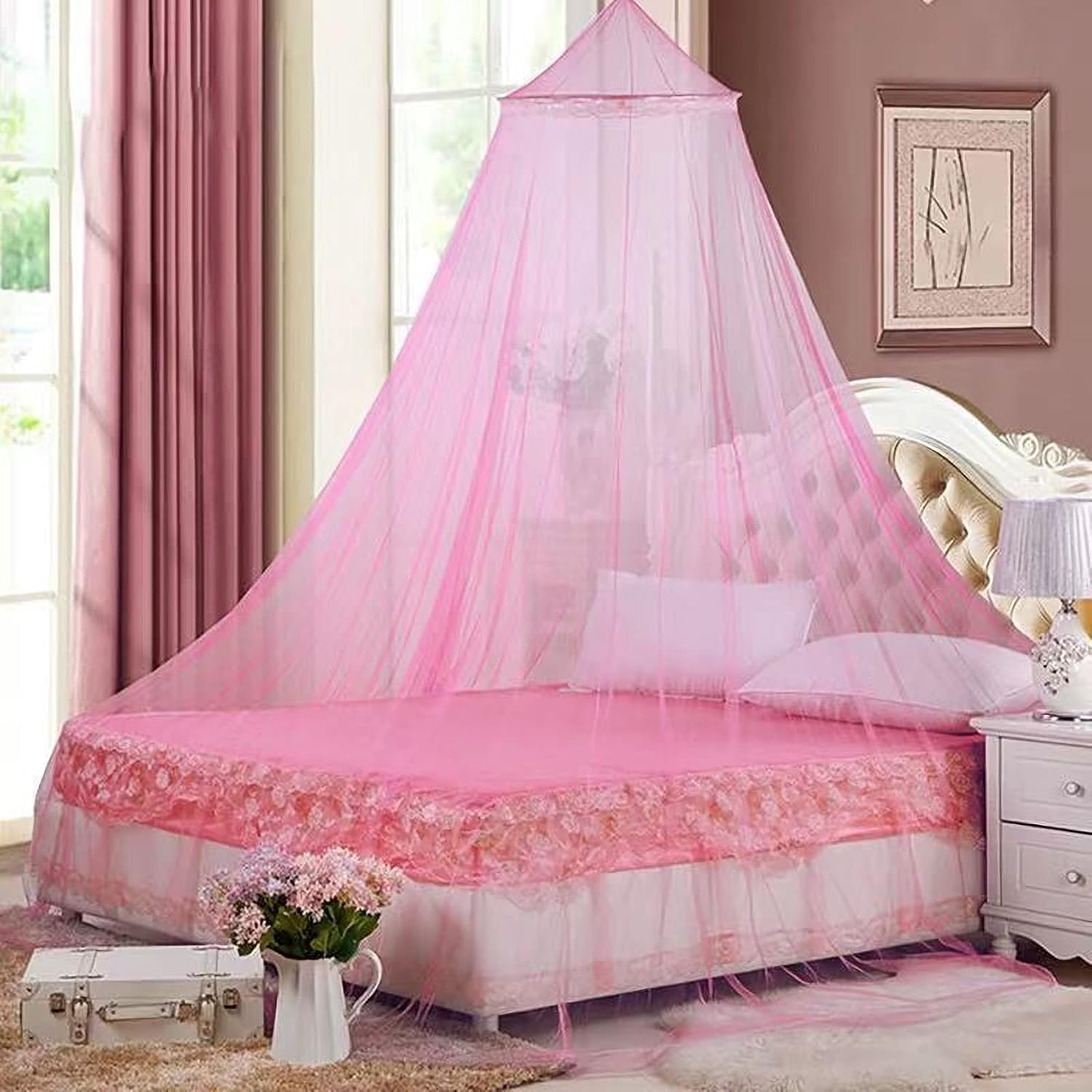 Pink Princess Bed Canopy Mosquito Net for Girls – Hanging Ceiling Bed Curtains for Twin, Full & Queen Size Beds, Kids Room Decor & Outdoor Camping Tent