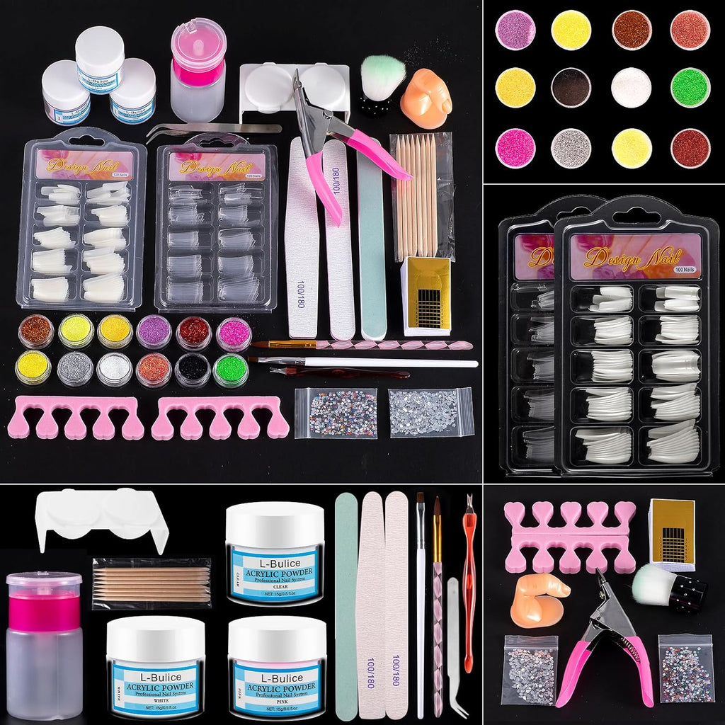 Professional Acrylic Nail Kit for Beginners with Everything – Complete DIY Nail Art Set with Glitter Powder, Nail Tips, Brushes, Clippers & File