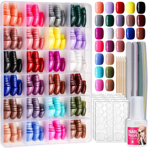 24 Pack Short Press On Nails Kit – 576PCS Glossy & Matte Fake Nails with Nail Glue, Full Cover Round Acrylic False Nails for Women, Girls & Teens